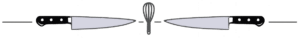 Graphic of two chef's knives pointing away from a central whisk, illustrating kitchen utensils.