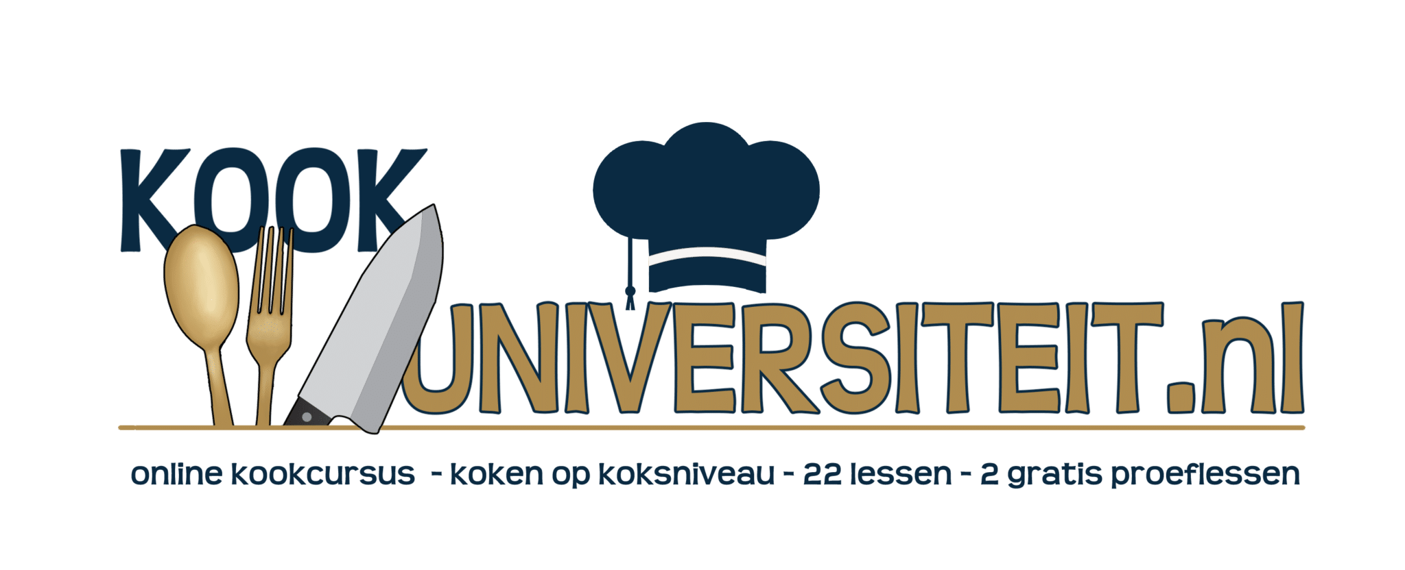 Logo for KookUniversiteit.nl with a spoon, fork and knife crossed beside a chef hat and bold text 'KOOKUNIVERSITEIT.nl' and a brown line below; tagline in Dutch.